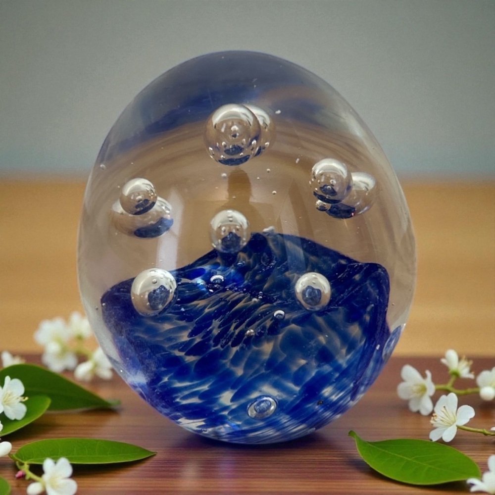 Blue Swirl Art Glass Paperweight Clear Controlled Bubbles Heavy